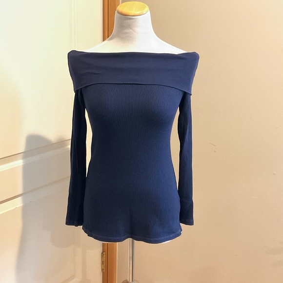 Splendid navy blue waffle off the shoulder Henley top - Picture 1 of 7